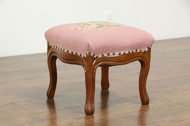Victorian Antique Carved Walnut Footstool Needlepoint Upholstery #35426 photo