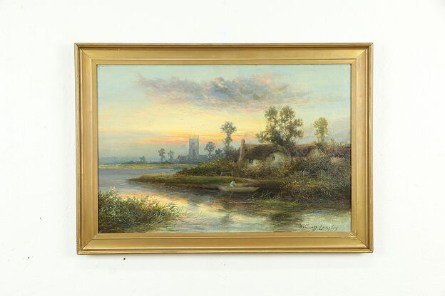 Cottage, Boat & Cathedral Antique English Oil Painting, Langtry 28"  #35569 photo