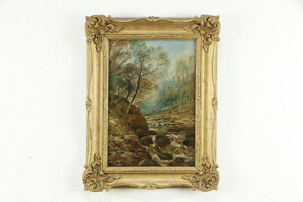 Victorian Antique Original Oil Painting Forest Waterfall with Walkers #35570 photo