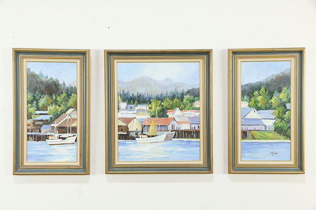 New England Harbor Scene, 3 Original Oil Paintings, Linford, 29.5"  #35085 photo