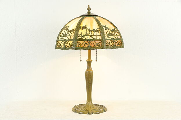 Stained Glass Curved Panel Shade Antique Lamp, Hawaiian Palm Trees #35092 photo