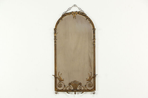 Arched Antique Wrought Iron Beveled Mirror, Birds & Flowers #35211 photo