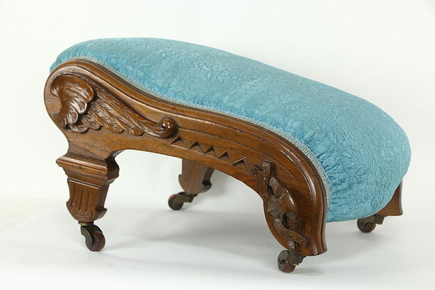 Victorian Antique Carved Walnut Gout Style Footstool, Carved Wings, Adams #35629 photo