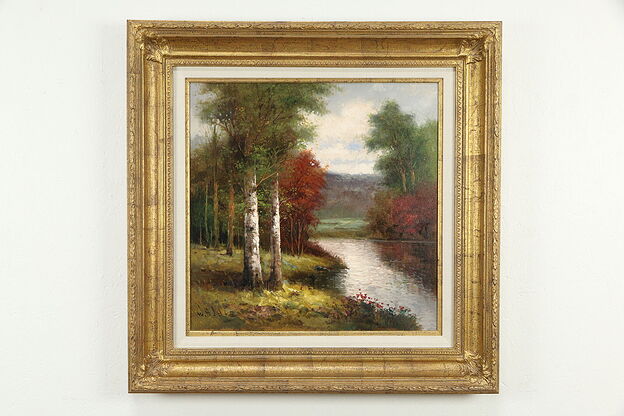 Stream in Autumn & Birches, Original Vintage Oil Painting, Signed, 34.5" #35754 photo