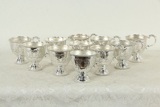 Set of 11 Vintage Silverplate Embossed Footed  Punch Cups #35839 photo