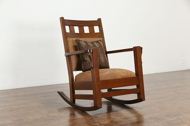 Arts & Crafts Mission Oak Antique Rocker Craftsman Leather Rocking Chair  #33819 photo