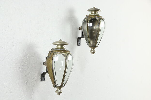 Pair of Antique Curved Beveled Glass Carriage Lanterns or Wall Sconces #35232 photo
