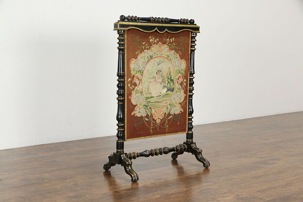 Victorian Antique 1850 English Fireplace Hearth Fire Screen, Needlepoint #35685 photo
