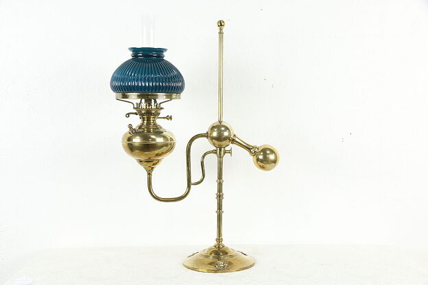 Victorian Brass Antique Oil Burning Student Desk Lamp, Emerald Shade #35701 photo