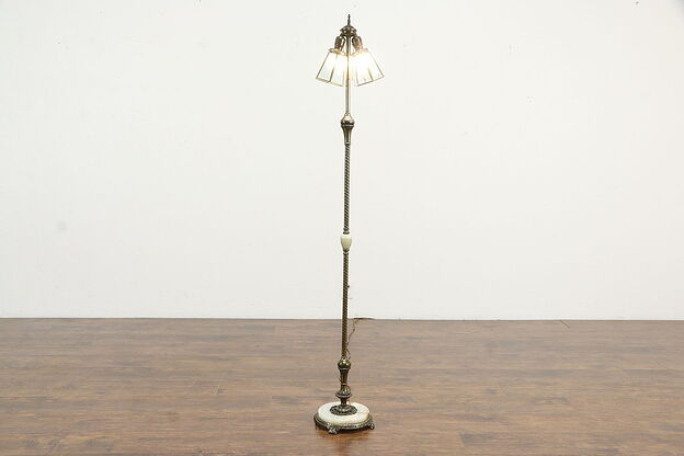 Brass & Iron Antique Floor Lamp, Onyx Mounts, Beveled Glass Shades, Ex Co #35864 photo