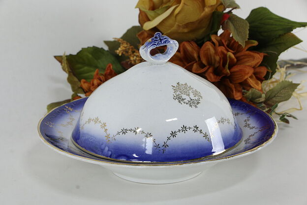 Flow Blue Antique Dome Cover Butter Dish, Signed #35895 photo