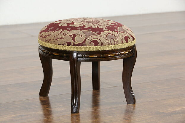 Victorian Antique Round Walnut Footstool, Recent Upholstery #35946 photo