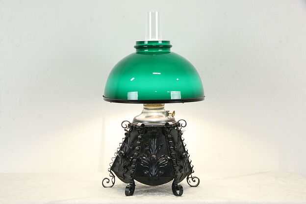 Victorian Antique Wrought Iron Lamp, Green Glass Shade, Bradley & Hubbard #34810 photo