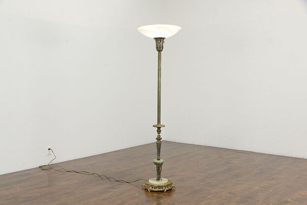 Torchiere Vintage Floor Lamp, Onyx & Brass Mounts, Etched Glass Shade #35871 photo