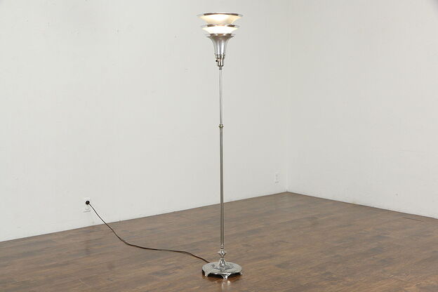 Art Deco Vintage Nickel Adjustable Height Torchiere Floor Lamp #36113 photo