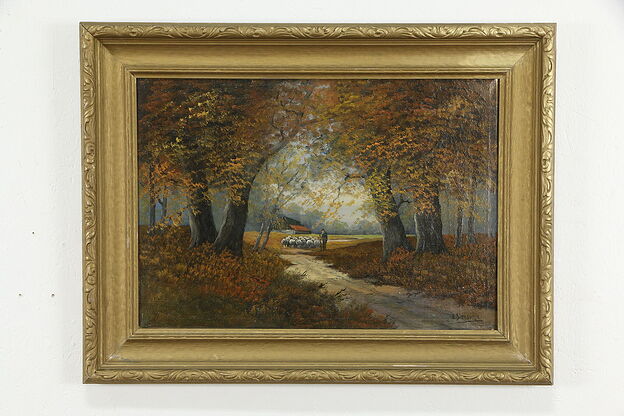 Forest in Fall & Shepherd Antique Original Oil Painting Sleeswijk 35 1/2" #36238 photo