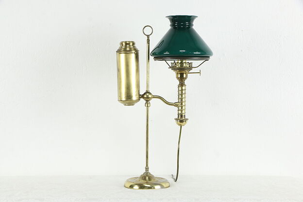 Brass Antique Adjustable Student Desk Lamp, Emerald Cased Glass Shade #35704 photo