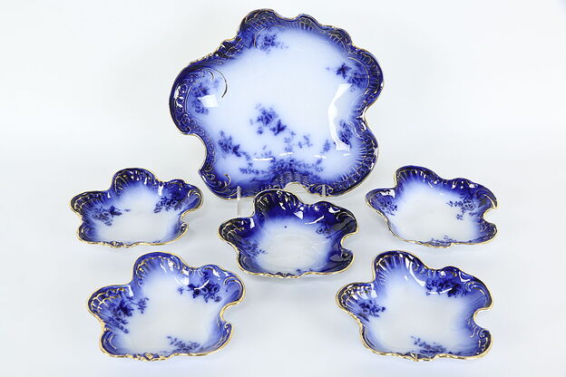 Flow Blue Victorian Antique China Set 5 Berry Bowls & Master, La Belle  #35891 photo