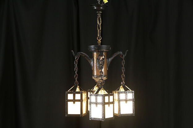 Arts & Crafts Copper, Iron, Stained Glass Antique Craftsman Chandelier #36061 photo