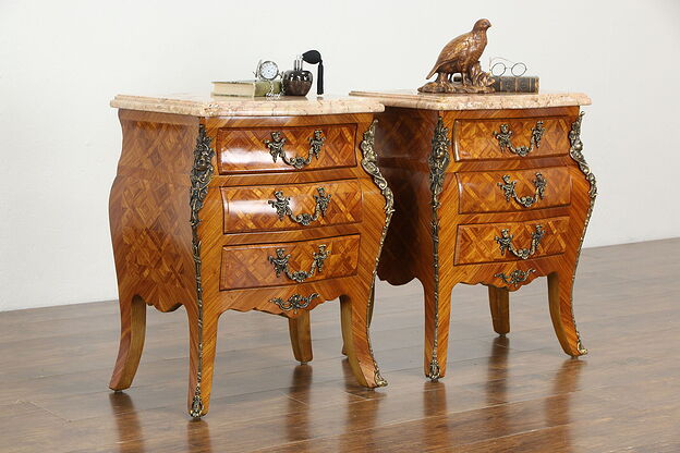 Pair Vintage Bombe Tulipwood Marquetry Chests or Nightstands, Marble Tops #36289 photo