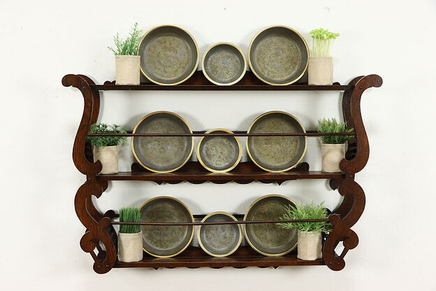 Victorian Antique Carved Oak Farmhouse Hanging Wall Plate Rack #35792 photo