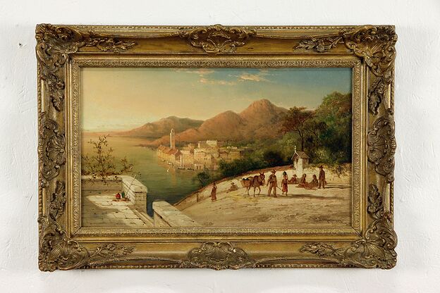 Village on Lake Orta, Italy, Original Antique Oil Painting, Signed 25" #35834 photo