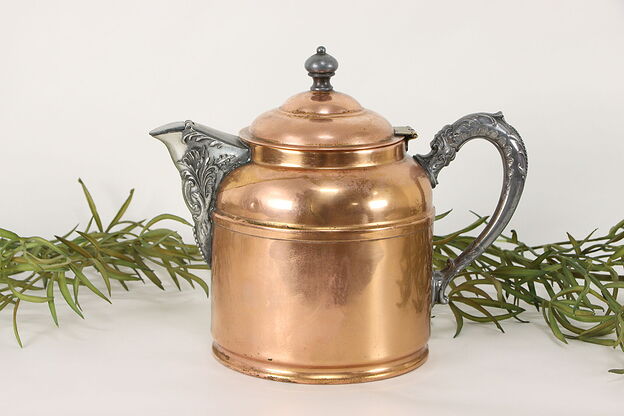 Copper Antique Tea Kettle, Pewter & Brass Mounts, Rochester  #36487 photo