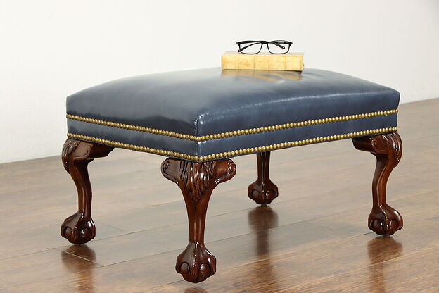 Leather Vintage Carved Claw & Ball Ottoman or Stool, Hancock & Moore #36752 photo