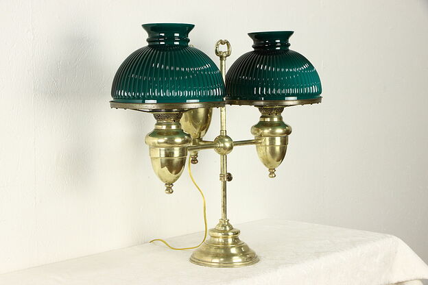Victorian Antique Brass Double Student Desk Lamp, Emerald Shades #34096 photo