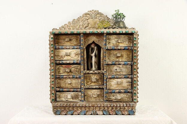 Peruvian Folk Art 12 Drawer Carved & Painted Keepsake or Jewelry Chest #35100 photo