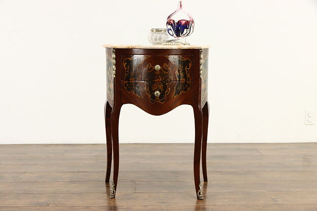 Marquetry Vintage Marble Top Chest, End Table or Nightstand #35460 photo