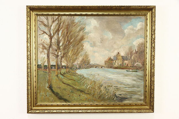 River, Town, Bridge Original Antique Oil Painting after Alfred Sisley 37" #35830 photo