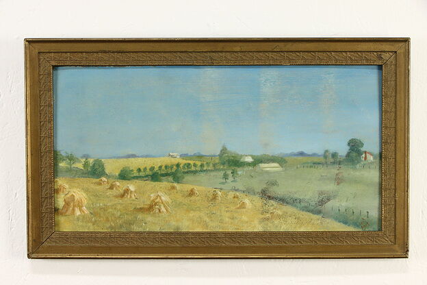 Haystacks & Meadow Original Antique Oil Painting, EMJ 1913, 21" #35960 photo