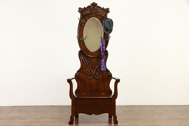 Victorian Carved Oak Hall Stand & Bench, Beveled Mirror, & Storage  #36242 photo
