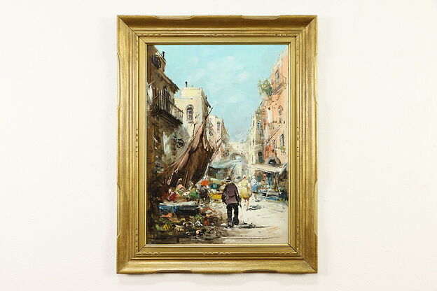 Flower Market in Italy Original Vintage Oil Painting, Seppe 36" #36297 photo