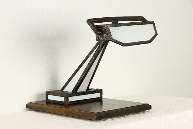 Craftsman to Art Deco Antique Wrought Iron & Stained Glass Desk Lamp #36712 photo