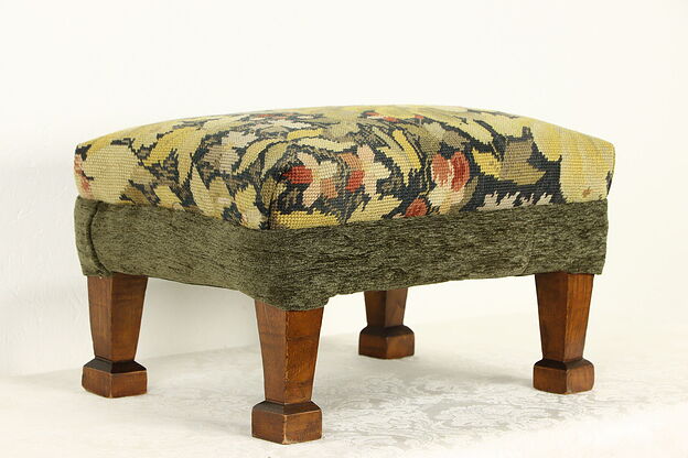 Oak Antique Craftsman Footstool, Old Needlepoint Upholstery #36741 photo