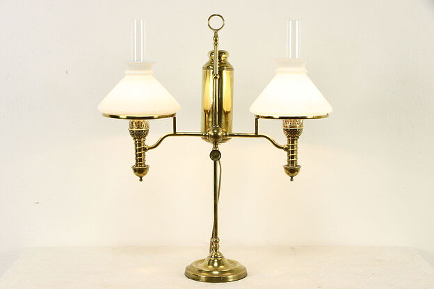 Victorian Antique Brass Double Electrified Student Desk Lamp, Manhattan #34983 photo