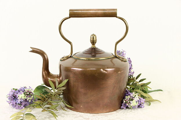 English Large Solid Copper Antique Tea Kettle, Brass Mounts #34994 photo