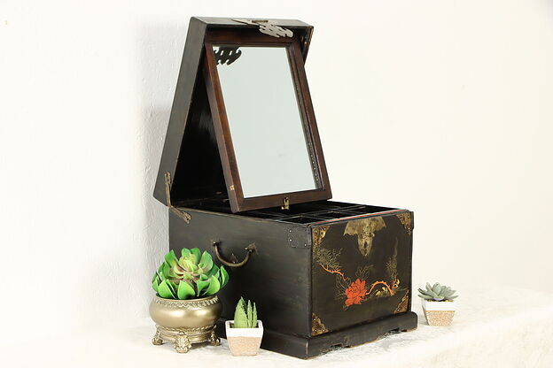 Chinese Antique Painted Lacquer Jewelry Chest & Mirror, Brass Padlock #36529 photo
