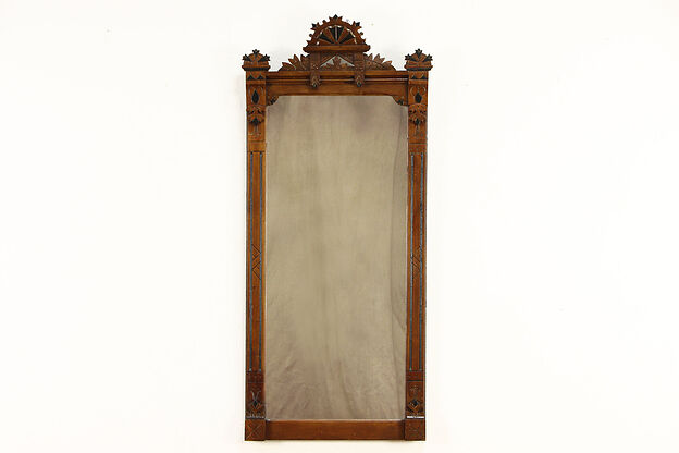 Victorian Eastlake Antique 1880 Carved Walnut Hall Mirror #36109 photo