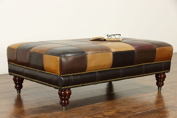 Patchwork Leather Ottoman, Bench or Stool, Mahogany & Brass Feet 2018  #36938 photo