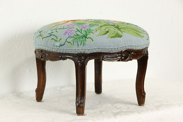 Country French Antique Carved Footstool, Needlepoint Upholstery, Floral #37081 photo