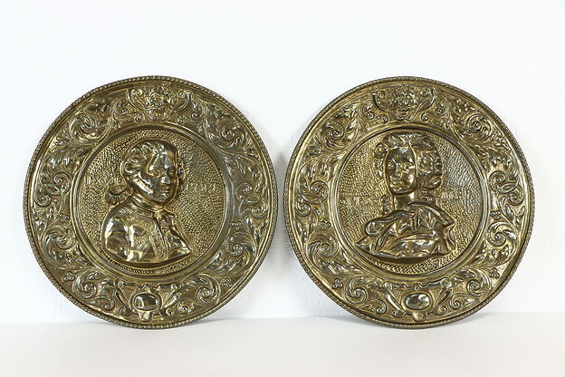 Pair of French Brass Plaques, King Louis XVI & Marie Antoinette, 13.5" #37382 photo