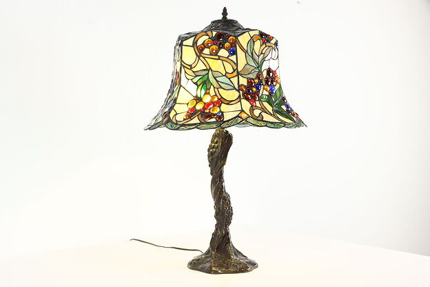 Leaded Stained Glass Vintage Lamp, Grapevine Base & Shade #35904 photo