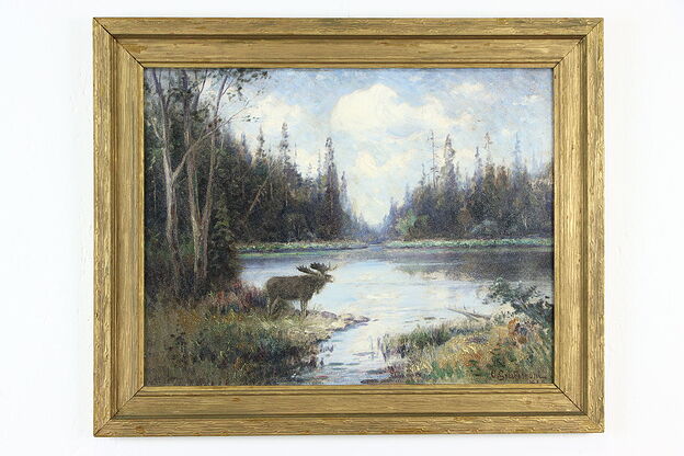 Moose & Northern Landscape Original Oil Painting 1922 O. Grafstrom 22"  #36189 photo