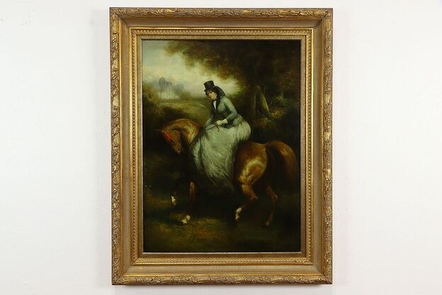 English Lady on Horseback Vintage Original Oil Painting, Denton 51" #36190 photo