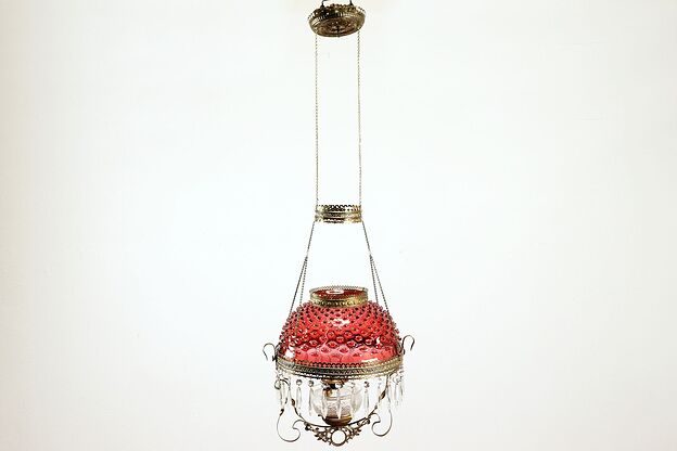 Victorian Antique Brass Cranberry Shade Hanging Lamp, Oil or Kerosene #37663 photo