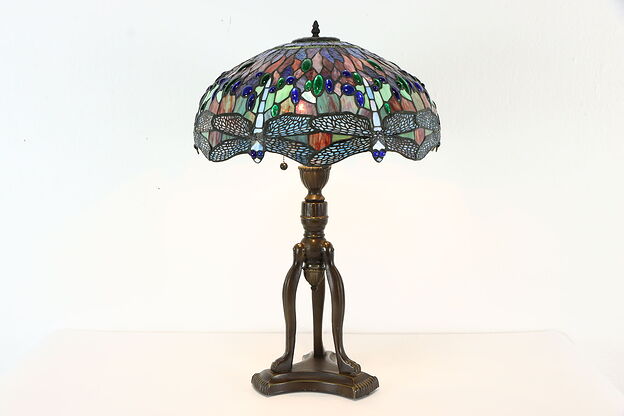Tiffany Design Stained Glass Dragonfly Vintage Bronze Lamp #35906 photo