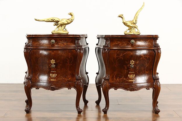 Pair of Bombe & Marquetry Antique Italian Chests, Nightstands, End Tables #36321 photo